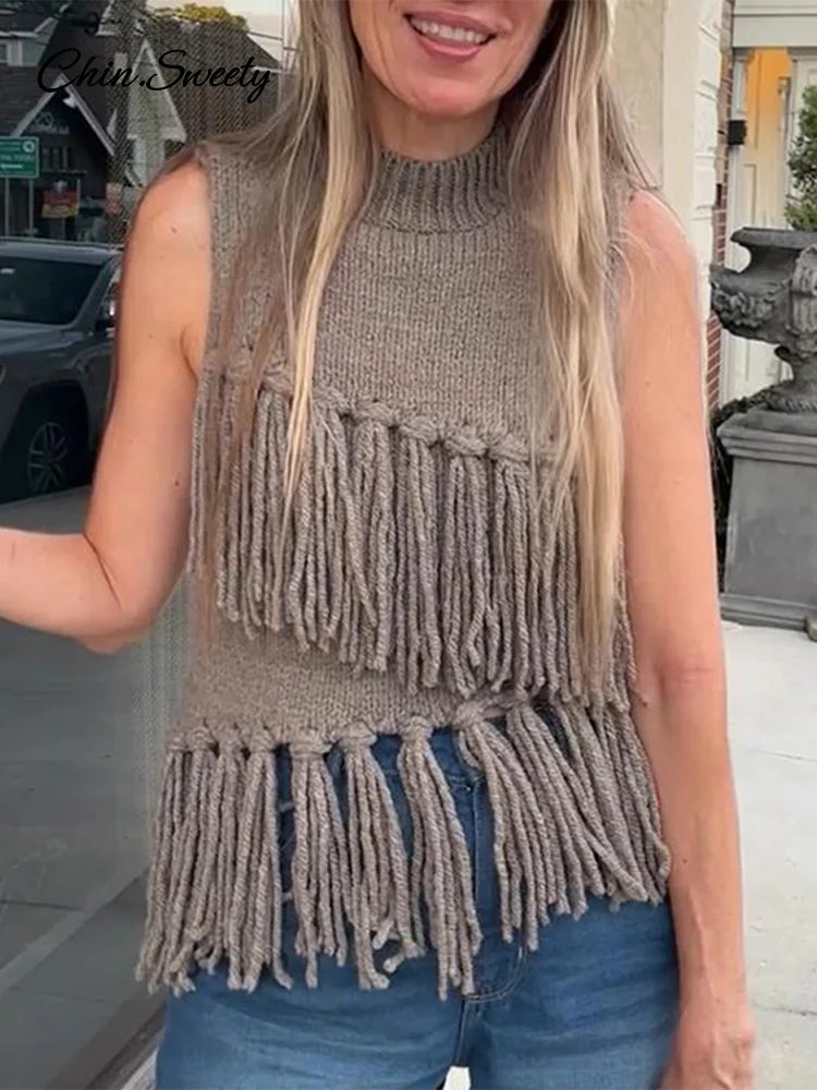 Street Tassel Knitted Vest Sweater for Half-high Collar Sleeveless Slim Fit Tank Top Female Spring Lady Soft Outwear