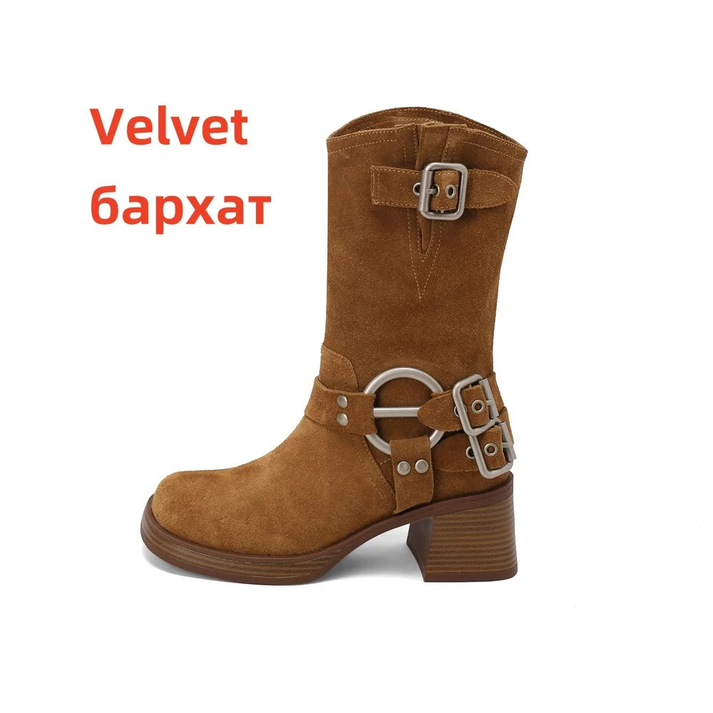 Cow Suede Leather Midcalf Boots Thick High Heels Autumn Winter Warm High Boots Motorcycle Boots Shoes