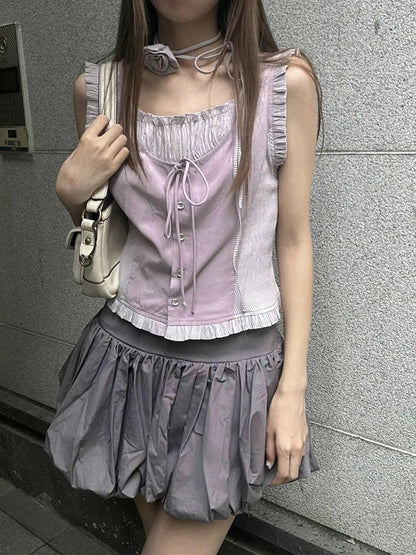 Summer Tide Korean Ballet Core Y2k Outfits 2 Piece Set Gyaru Lace Up Tank Top + Elastic Waist Mini Pleated Skirts