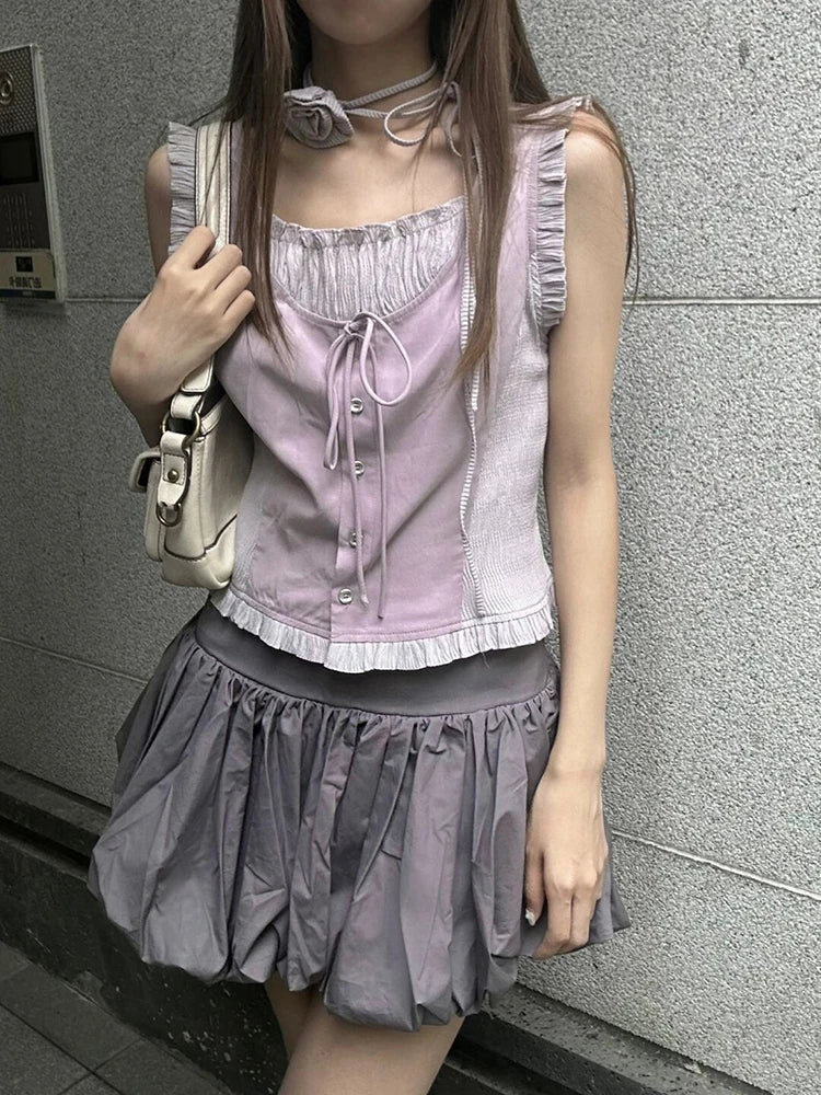 Summer Tide Korean Ballet Core Y2k Outfits 2 Piece Set Gyaru Lace Up Tank Top + Elastic Waist Mini Pleated Skirts