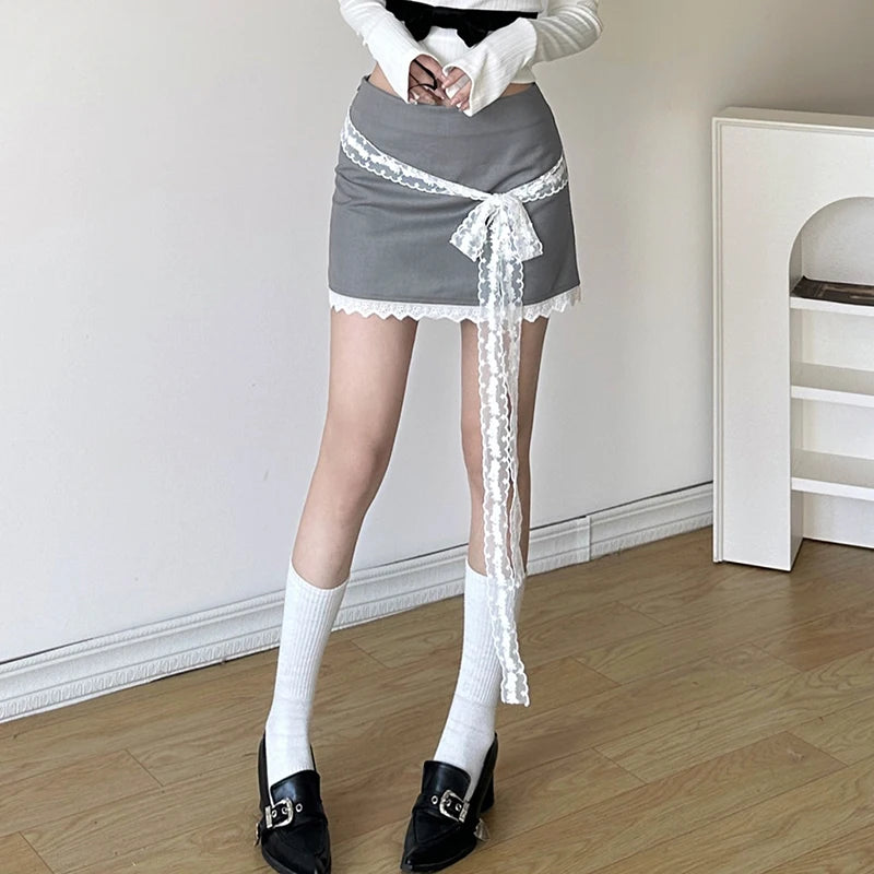 Contrast Color Patchwork Aline Skirt Summer New High Street All Match Laceup Slim Mini Skirt