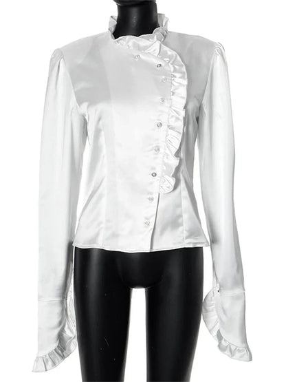 Taivimart - White Ruffled Shirts for Patchwork V-neck Long Sleeve Autumn Female Cardigan Blouses