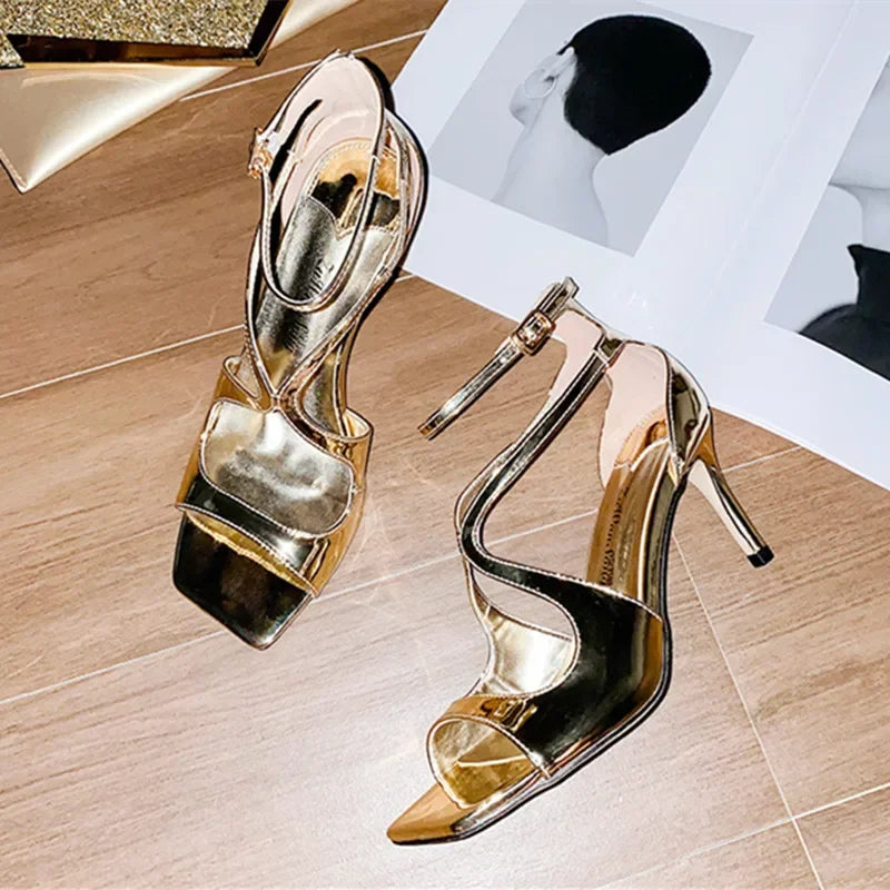 Designer Ankle Cover Strap 7cm Gladiator Sandals Square Open Toe Pink High Heels Wedding Banquet Shoes