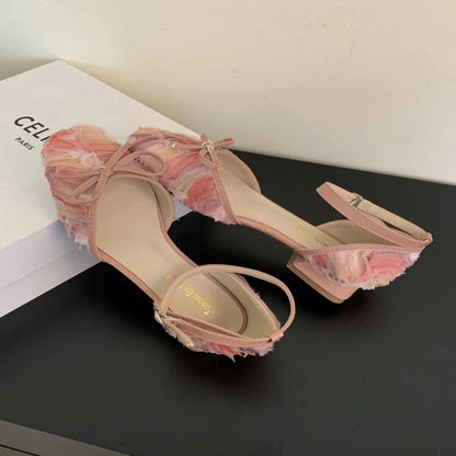 Summer Lace Hollow Mary Jane Shoes Square Toe Ankle Strap Sandals Low Heel Wedding Designer Shoe Female