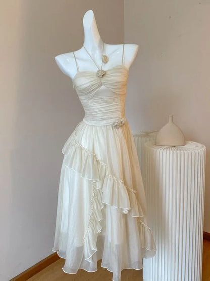 Ruffles Fairy Midi Dresses Summer Folds Birthday Evening Party Vestidos Korean Sweet Spaghetti Straps Dress