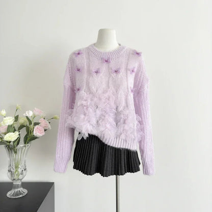 Sweet Hot Girl Butterfly Flower Sweater Autumn/winter Oneck Loose Longsleeved Knitted Sweater Female Clothes
