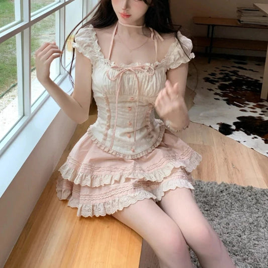 Japanese Kawaii 2 Piece Skirt Sets Evening Party Clothing Lolita Suits Dress Female Outwear Sweet