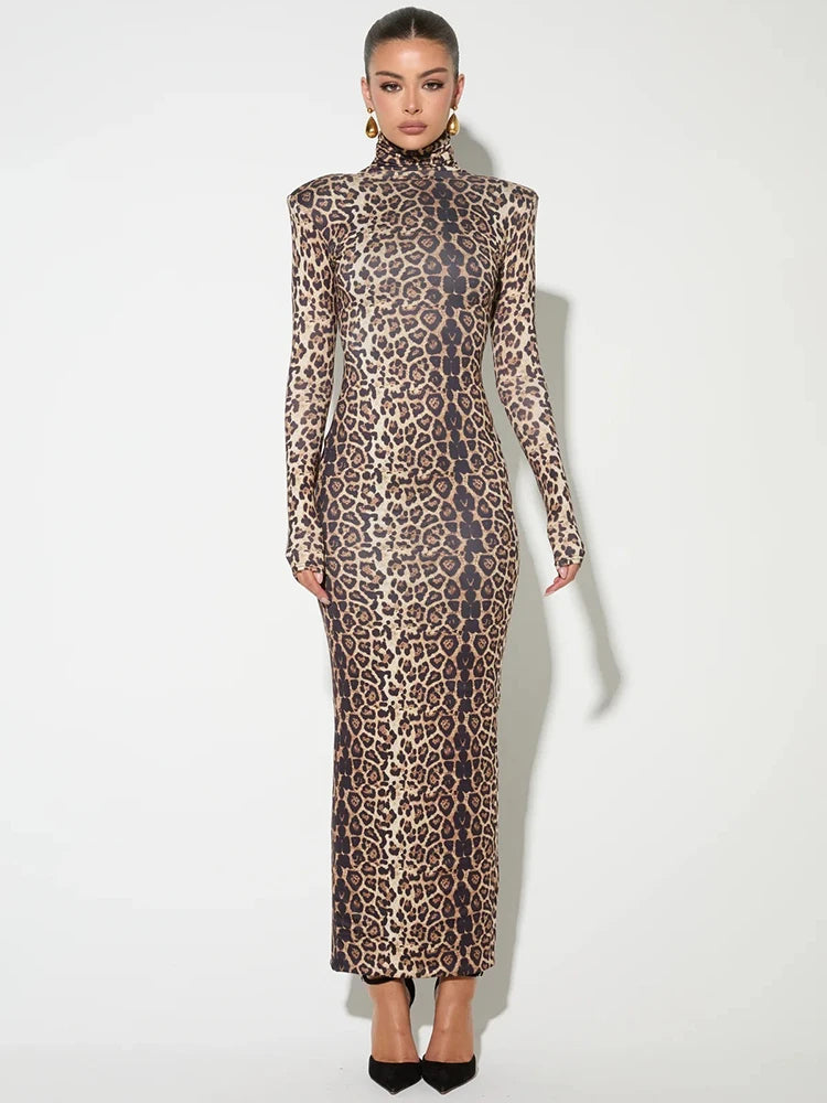 Leopard Print Long Sleeve Maxi Dress for Autumn Winter Turtleneck Printed Bodycon Long Dress