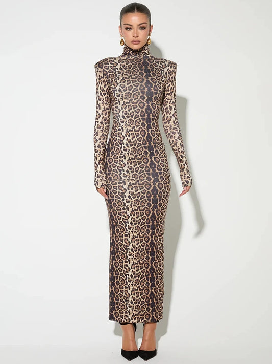 Leopard Print Long Sleeve Maxi Dress for Autumn Winter Turtleneck Printed Bodycon Long Dress