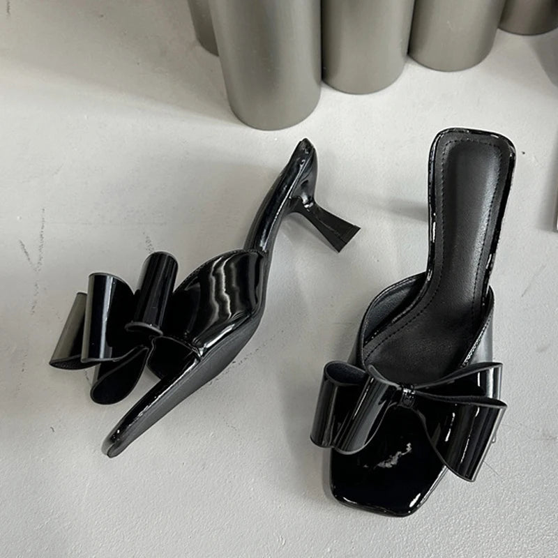 Patent Leather Butterfly Knot Slippers Square Toe Summer Sandals Low Thin Heels Mules Slides Shoes Size 39