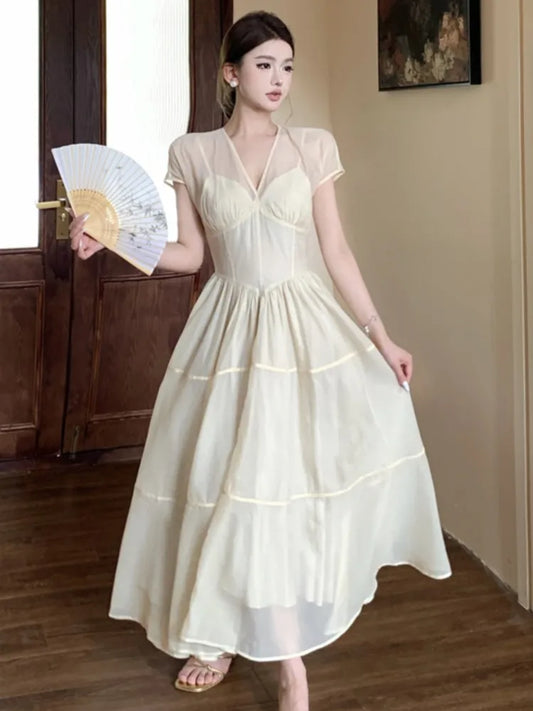 Long Dresses for V-neck A-line Birthday Party Dress French High Waist Summer New Prom Retro Vestidos Mujer