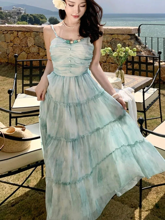 Korean Spaghetti Strap Long Dresses for Sleeveless Tie Dye Birthday Party Dress Summer Holiday Prom Vestidos Robe