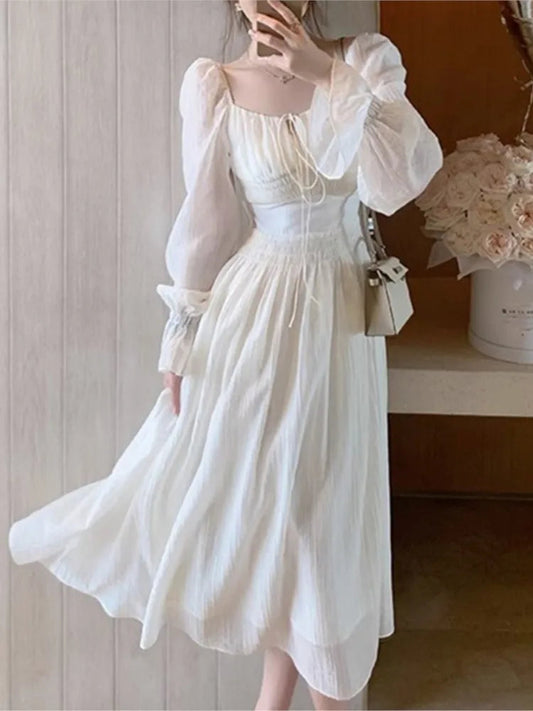 White Bandage Oneck Lantern Sleeve Maxi Midi Dresses for Party Holiday Backless Prom Bodycon Dress Summer