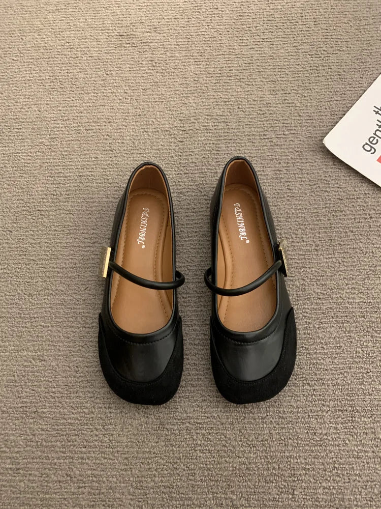 Designer New Leather Shallow Soft Sole Mary Jane Shoes Summer French Metal Buckle Flat Shoes