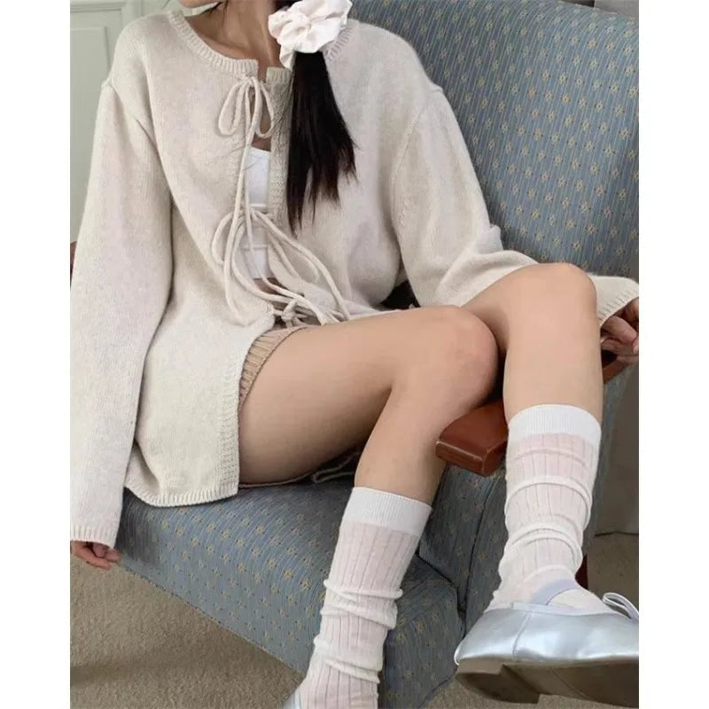 Autumn for Crop Tops Korean Retro High Street Hollow Out Bandage Sweater Cardigan Knit Jacket Tops