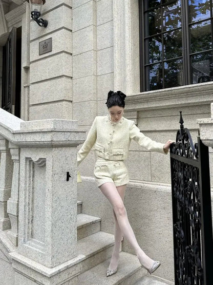 Autumn French Highend Suit Socialite Sweet Short Coat Top High Waist Slim Shorts Set Commuter Two Piece Sets Outfits