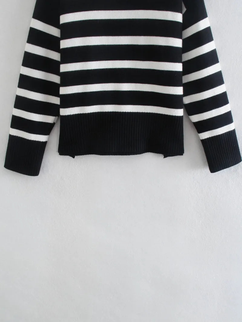 Winter Black and White Stripe Sweater Loose Pullover Jumper Tops Female Long Sleeve Turtleneck Knitted Sweaters
