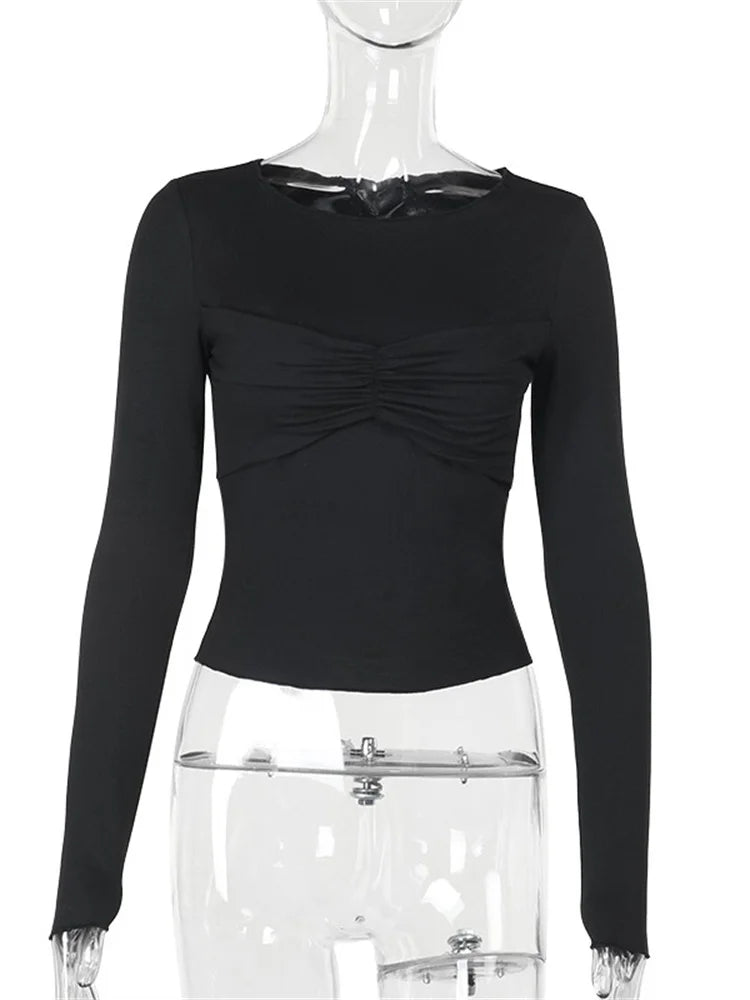 Pleated Long Sleeve T-shirt Top Female Slim Cropped Patchwork High Waist Pullover ’s Summer Tee