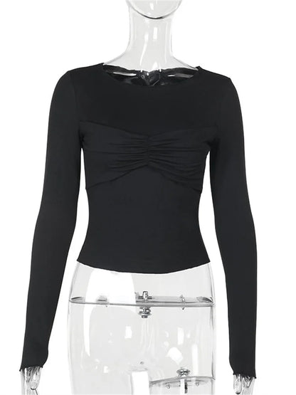 Pleated Long Sleeve T-shirt Top Female Slim Cropped Patchwork High Waist Pullover ’s Summer Tee