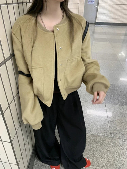 Baseball Woolen Coat Cropped Bomber Jacket Oversized Loose Korean Uniform Winter Clothes