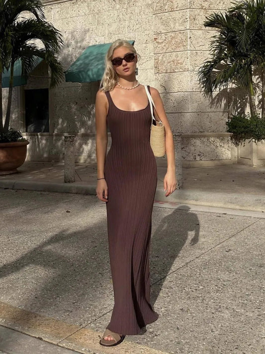 New Pit Striped Knitted Dress U Collar Sleeveless Slim Suspender Maxi Dresses Summer Holiday Vestidos
