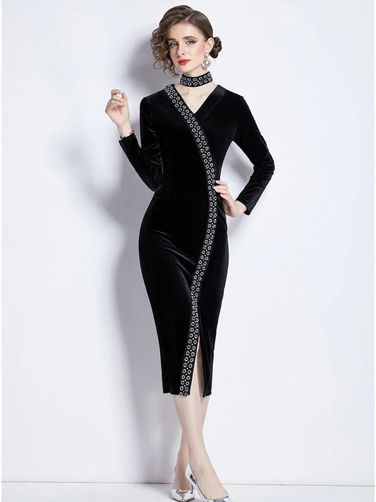 Beading Velvet Midi Dress V Neck Halter Black Bodycon Evening Split Vestidos Spring Female Wedding Party Clothes
