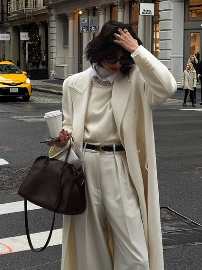 White Double Breasted Loose Woolen Coat Oversized Long Sleeve Overcoat Fall Winter New Outerwear