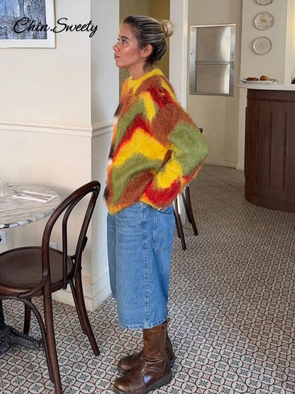 Mohair Knit Pullover Colorful O-neck Long Sleeve Loose Sweater New Autumn Lady All-matching Knitwear