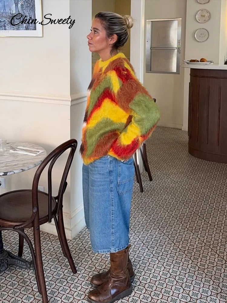 Mohair Knit Pullover Colorful O-neck Long Sleeve Loose Sweater New Autumn Lady All-matching Knitwear