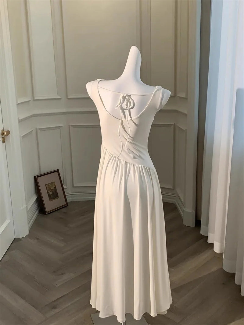 White Long Dresses Fairycore Slash Neck Inclined Shoulder Vestidos Summer Laceup Ruched Trumpet Dress