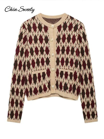 Plaid Knitted Slim Cardigan Autumn O-neck Long Sleeve Metal Button Short Sweater Coat Lady All-matching Knitwear New