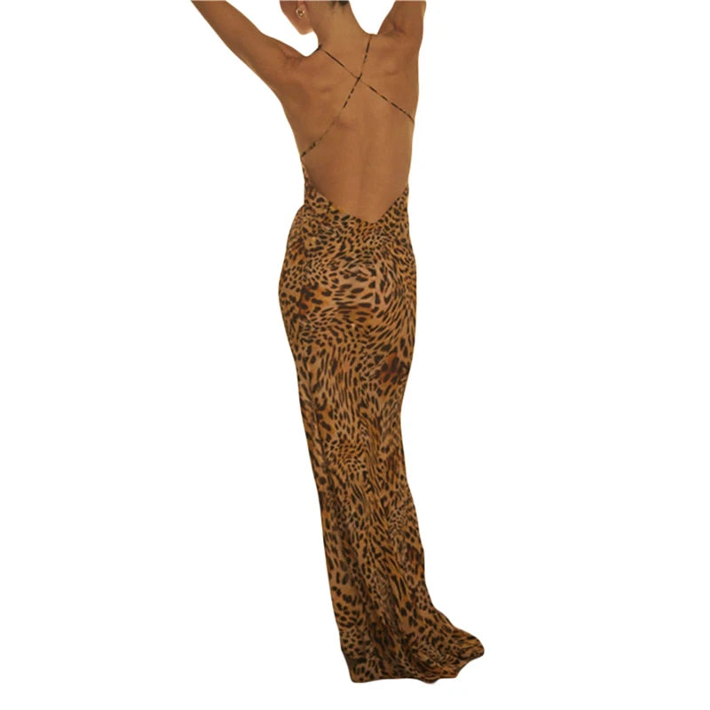 Lace Trim Dress Y2k Aesthetic Leopard/ Print Sleeveless Long Dresses Backless Cocktail Party Dresses