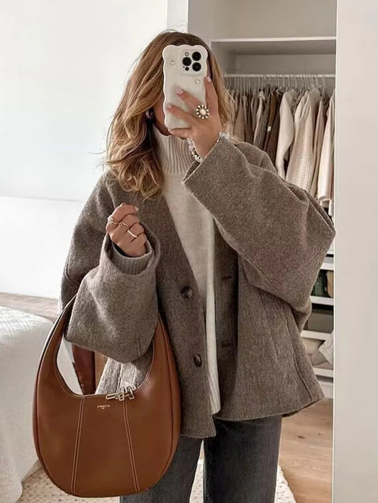 Faux Woolen Blend Jacket for Woman Winter Warm Vneck Single Breasted Loose Coats New Allmatc Jackets