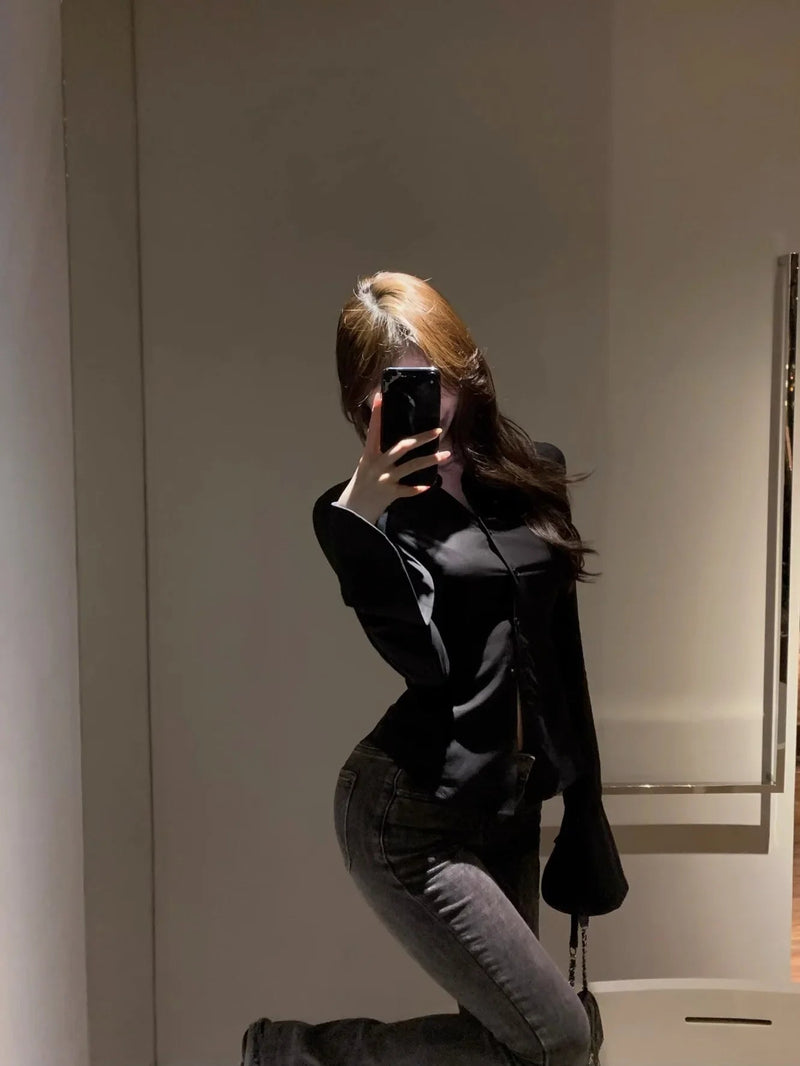 Bodycon Chiffon Shirt Turndown Collar Flare Sleeve Tunic Tops Bandage Design Female Blouses Spring