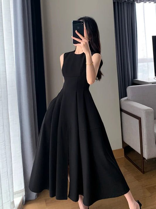 Summer New Black Sleeveless Aline Vest Dress Sweet Long Dresses Woman Party Club Dress Vestido
