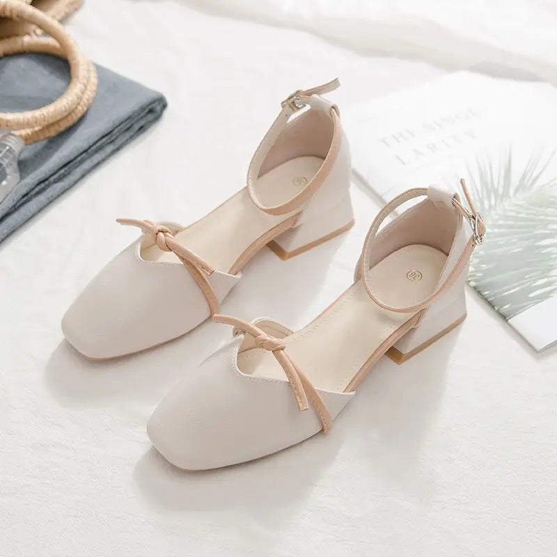 Summer Shoes Pearl Square Heels for Office Work Medium Sandals Woman Footwear H on Offer Designer Original