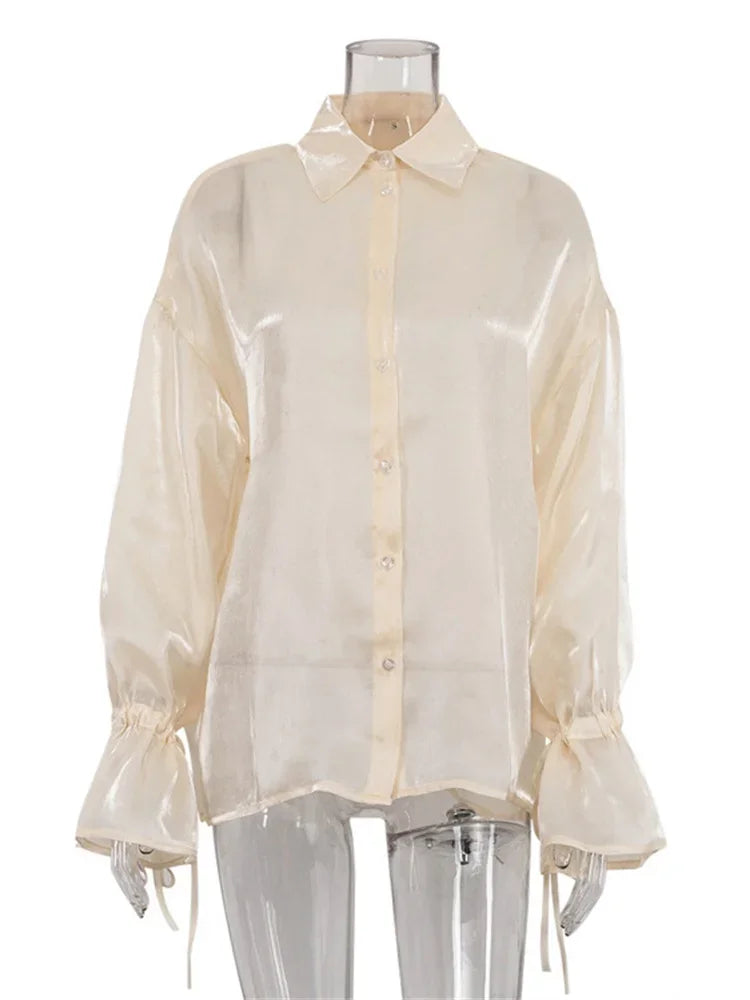 Loose See-through Shirts Coat Female Lapel Long Sleeve Lace-up Summer Outwear ’s Patchwork Blouse