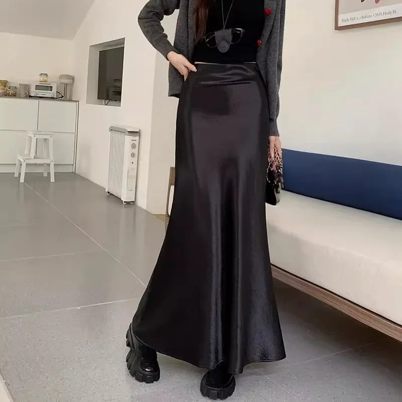 Satin Mermaid Skirts Spring Summer Faldas Mujer Korean Sweet Simple Retro Long Skirt