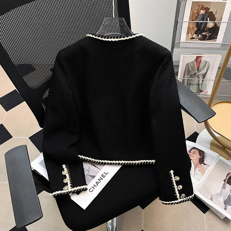 Black Tweed Jacket Cropped Quilted Coat Commute Blazer Winter Korean Thicken Short Outerwear