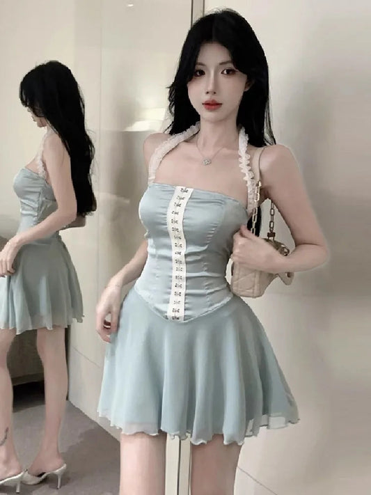 Evening Dress Woman Sleeveless Halter Patchwork Ruffles Sweet Slim Cocktail Mini Dresses Birthday Party