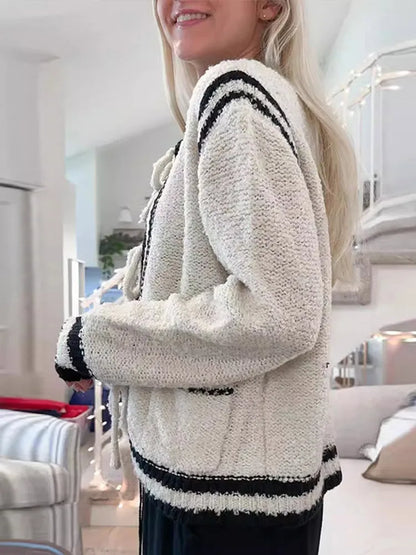 Knitted Lace Up Cardigan Winter Loose Contrast Color O-neck Pockets Sweaters Female Warm Knitwear