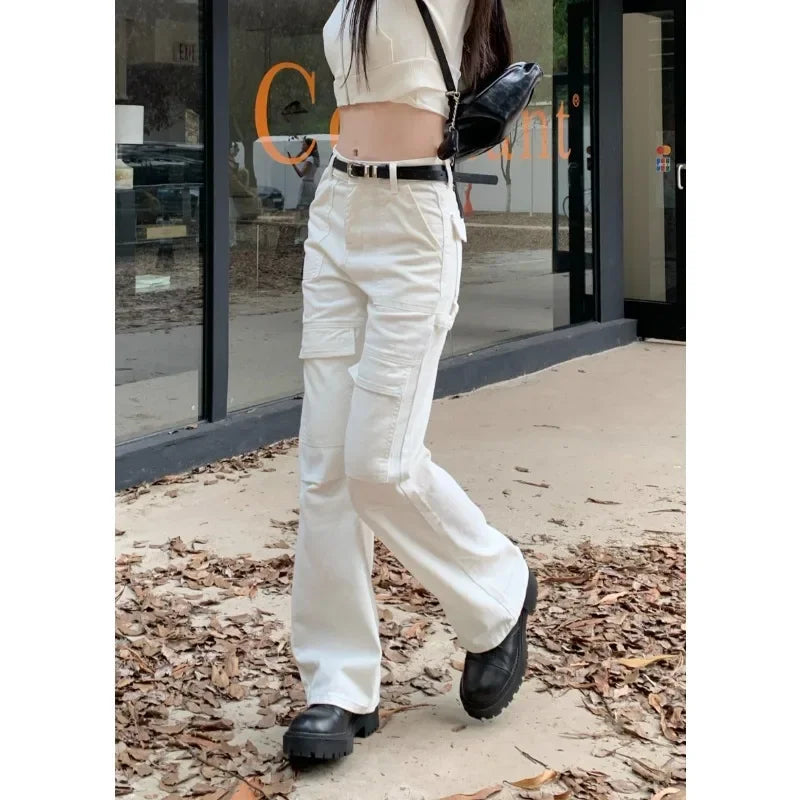 Low Waist Color Allmatch Cargo Pants Autumn New Korean Multibutton Slim Wide Leg Pants