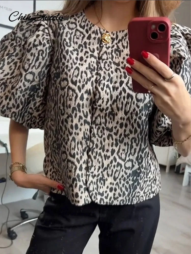Leopard Puff Sleeve Shirts Blouses Summer O-neck Loose Buttons All-match Cropped Tops Lady High