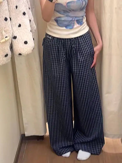 Summer Hot Retro American Lazy Style Straight Tube Loose Mid Low Waist Drawstring Plaid Pants