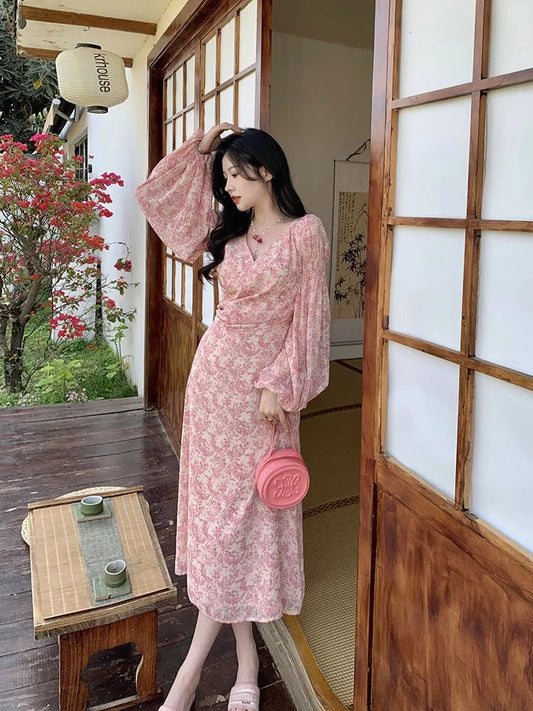 Long Sleeve Printed Midi Dress Woman Ol Dress Korean Autumn Beach Evening Party Dress Female