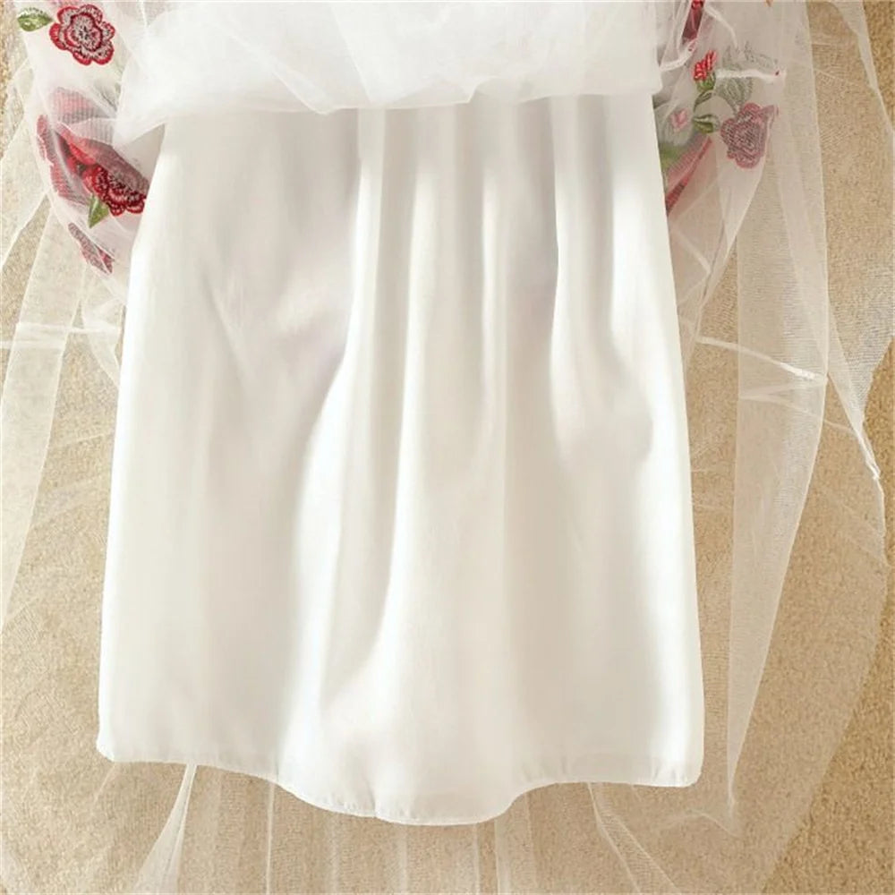 Elastic High Waist Midlong Aline Pleated Skirts New Summer Rose Embroidery Mesh Skirt