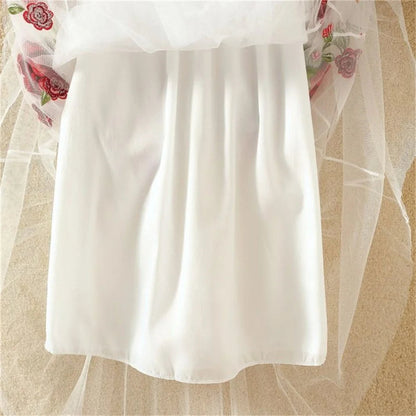 Elastic High Waist Midlong Aline Pleated Skirts New Summer Rose Embroidery Mesh Skirt