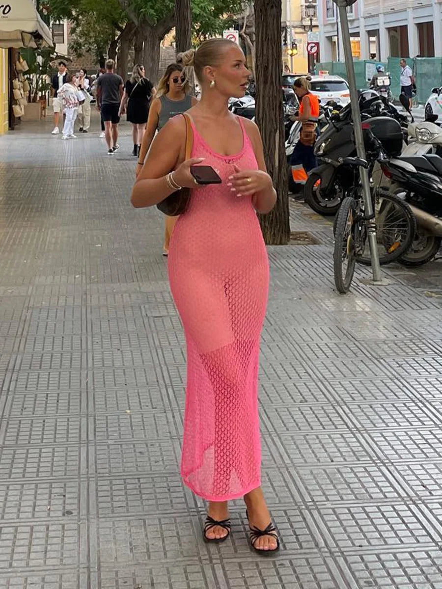 Pink Knit Cover Up Maxi Dress Female Seethrough Net Hollow Out Beach Holiday Dress Knitwear Beach Cover Dress Beachwear