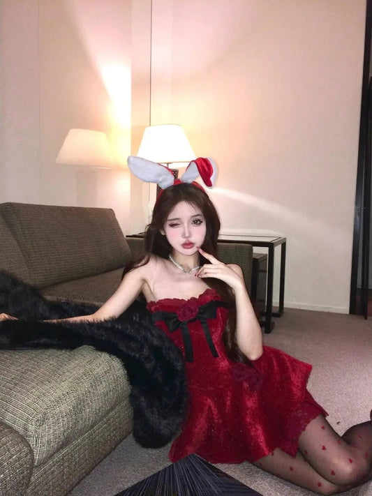 Dresses Bow Flowers Strapless Ruffles Patchwork Velvet Backless Slim Ball Gown Mini Dress Party Sweet