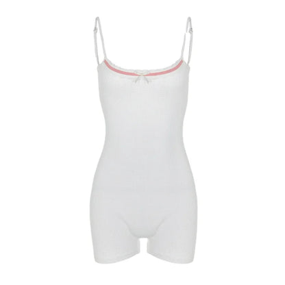 Pastel Gothic Playsuits Shorts Coquette Aesthetic Bodycon Kwaii Rompers White Bow Backless Ribbed Tops